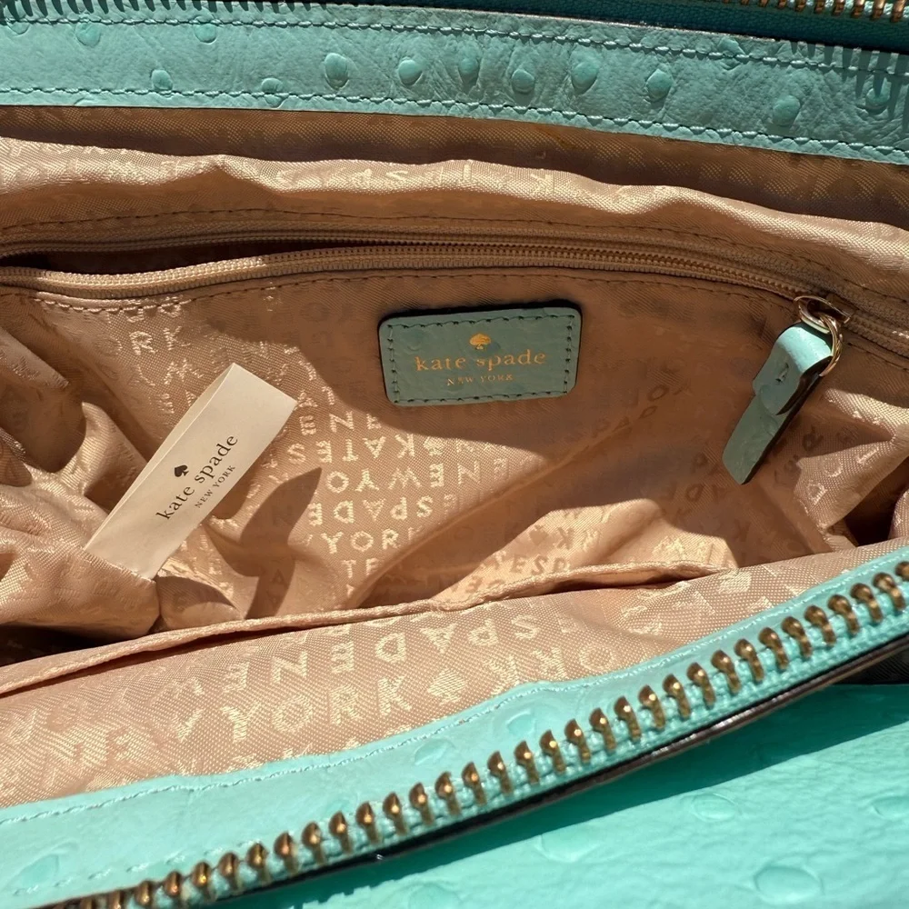 Kate Spade Robins Egg Blue Ostrich Design Embossed Leather W Bow Handbag 11x8 In